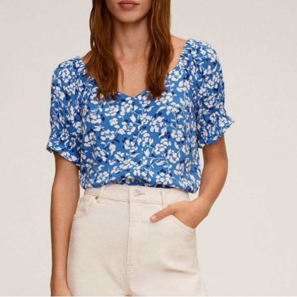 Mango Blue and White Floral Puff-Sleeve Blouse